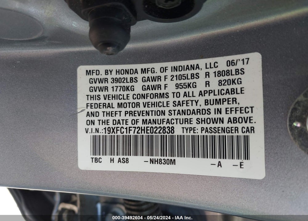 2017 HONDA CIVIC EXL VIN: 19XFC1F72HE022838