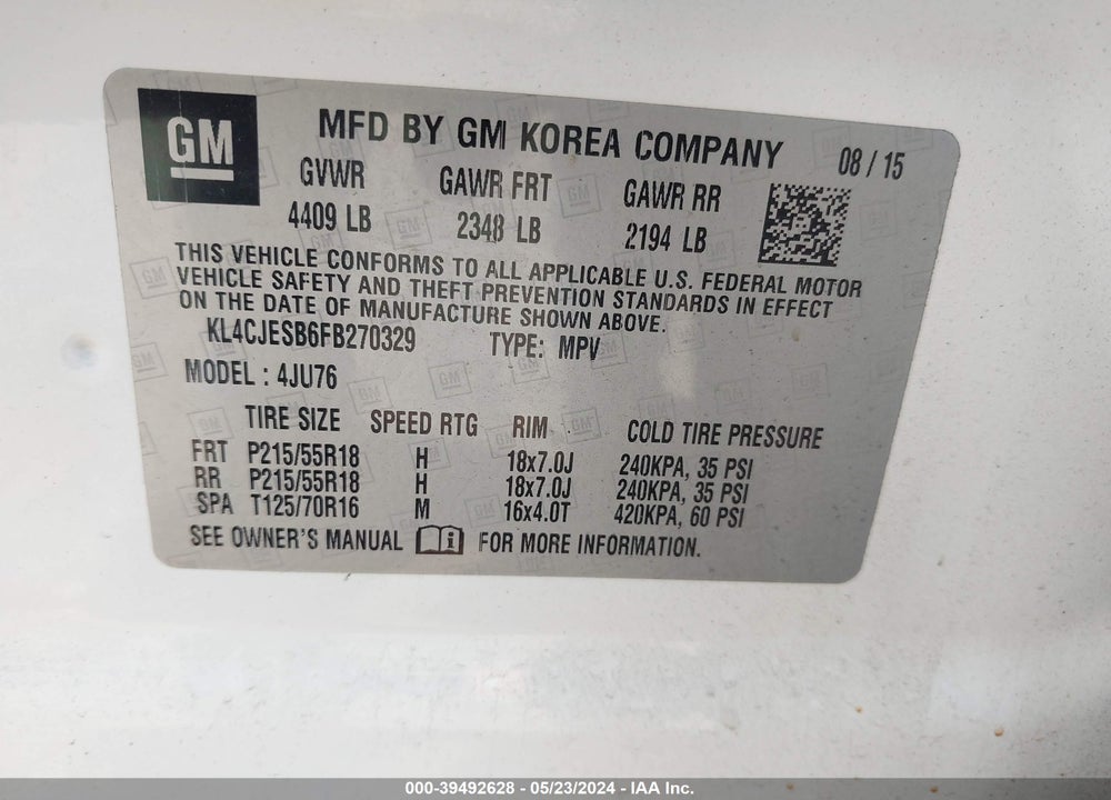 2015 BUICK ENCORE VIN: KL4CJESB6FB270329
