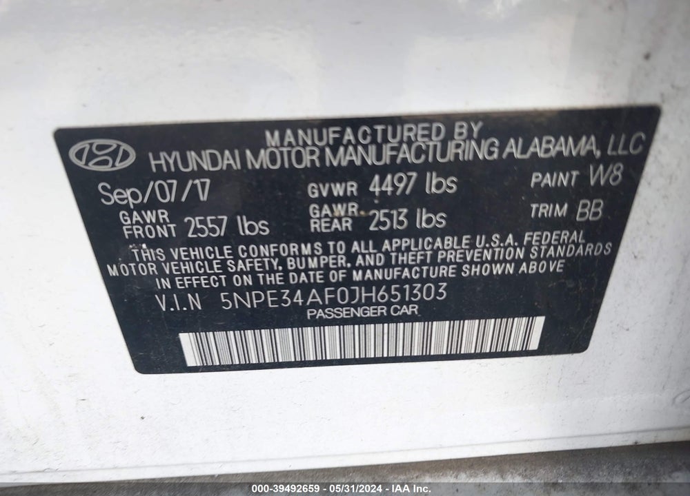 2018 HYUNDAI SONATA SEL VIN: 5NPE34AF0JH651303