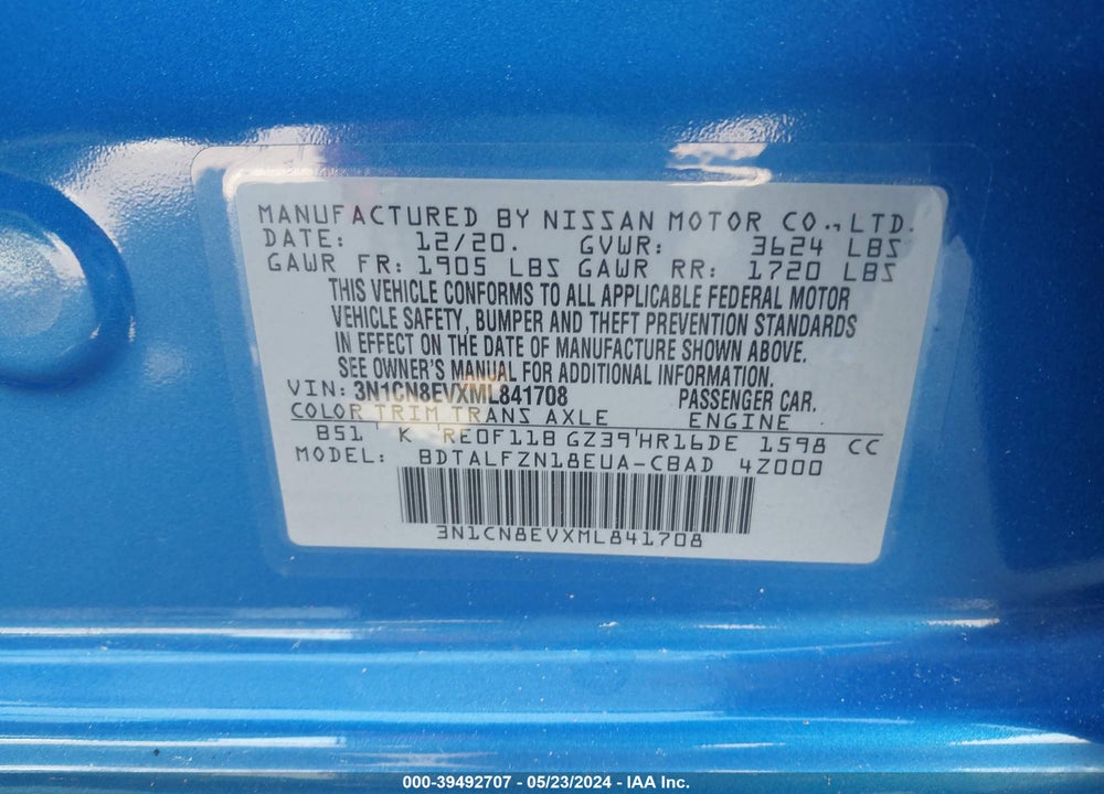 2021 NISSAN VERSA SV XTRONIC CVT VIN: 3N1CN8EVXML841708