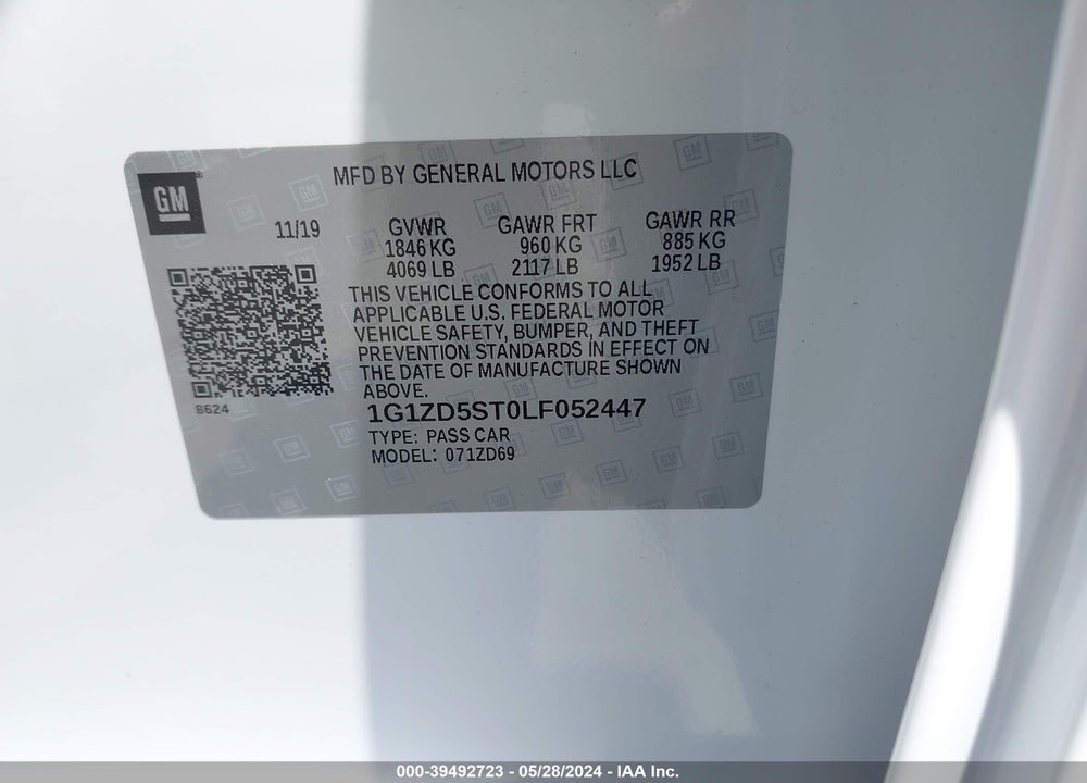 2020 CHEVROLET MALIBU FWD LT VIN: 1G1ZD5ST0LF052447