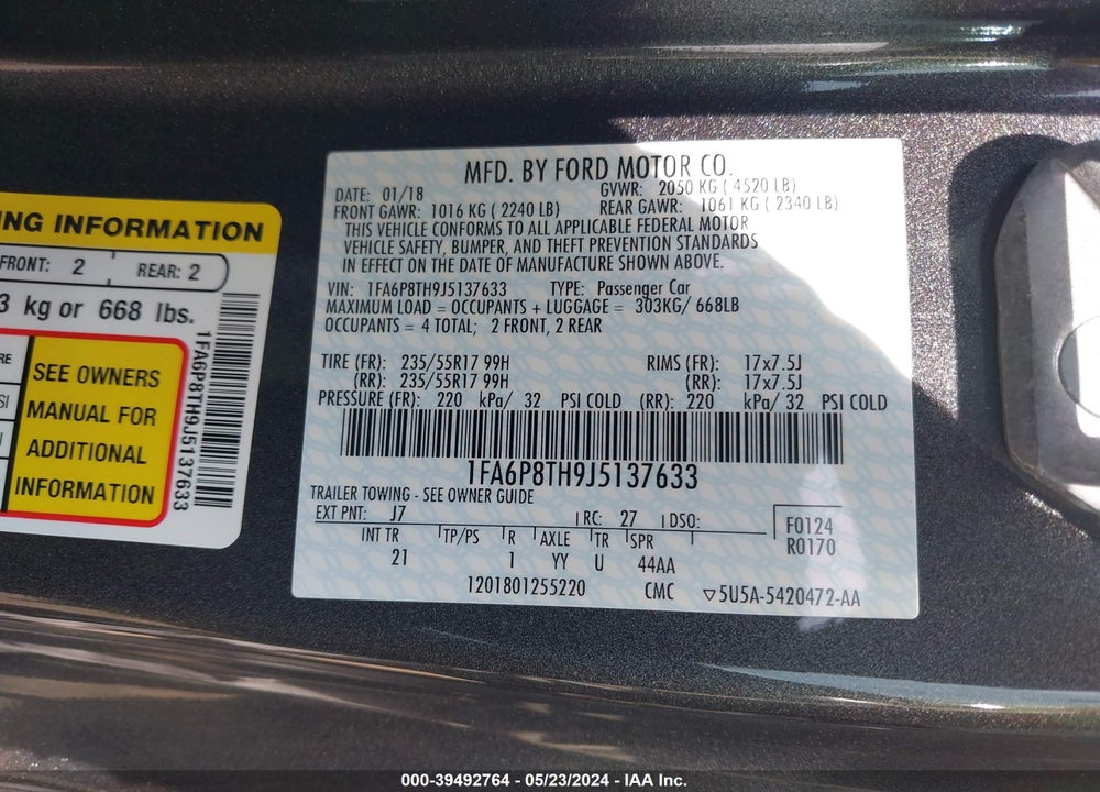 2018 FORD MUSTANG ECOBOOST VIN: 1FA6P8TH9J5137633