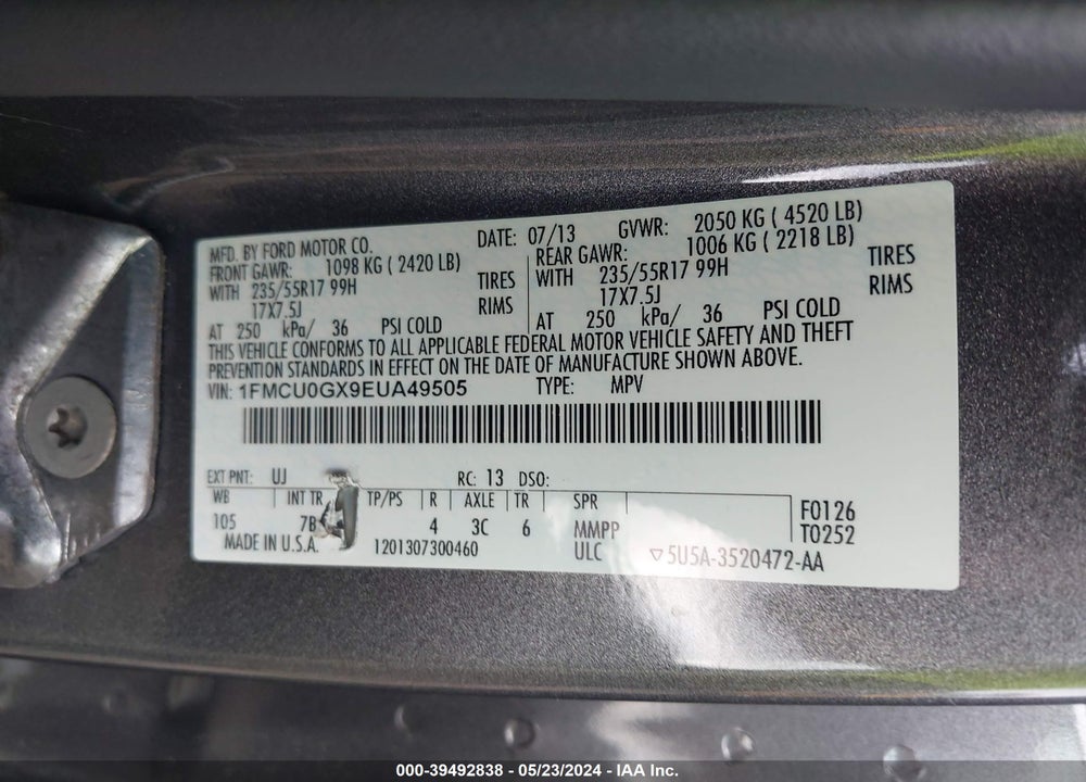 2014 FORD ESCAPE SE VIN: 1FMCU0GX9EUA49505