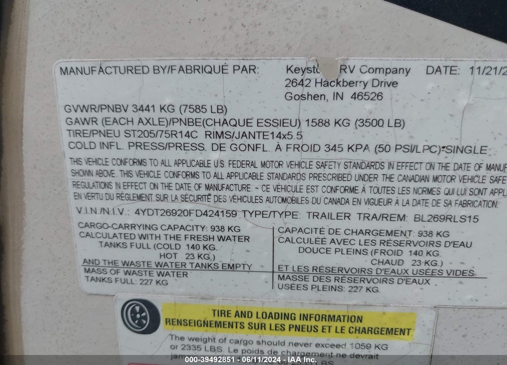2015 KEYSTONE BULLET ULTRA LITE SE VIN: 4YDT26920FD424159