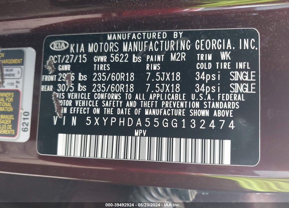 2016 KIA SORENTO 3.3L EX VIN: 5XYPHDA55GG132474