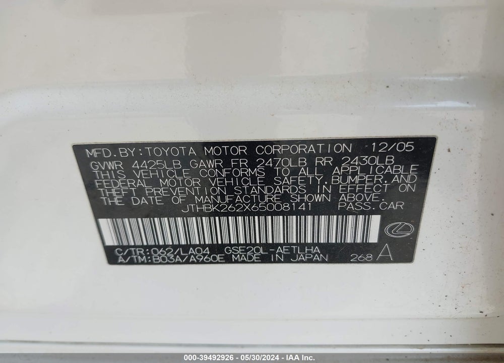 2006 LEXUS IS 250 VIN: JTHBK262X65008141