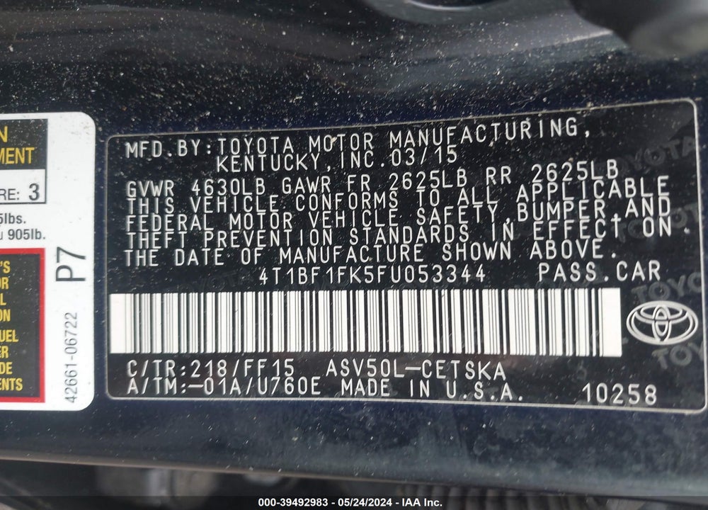 2015 TOYOTA CAMRY SE VIN: 4T1BF1FK5FU053344