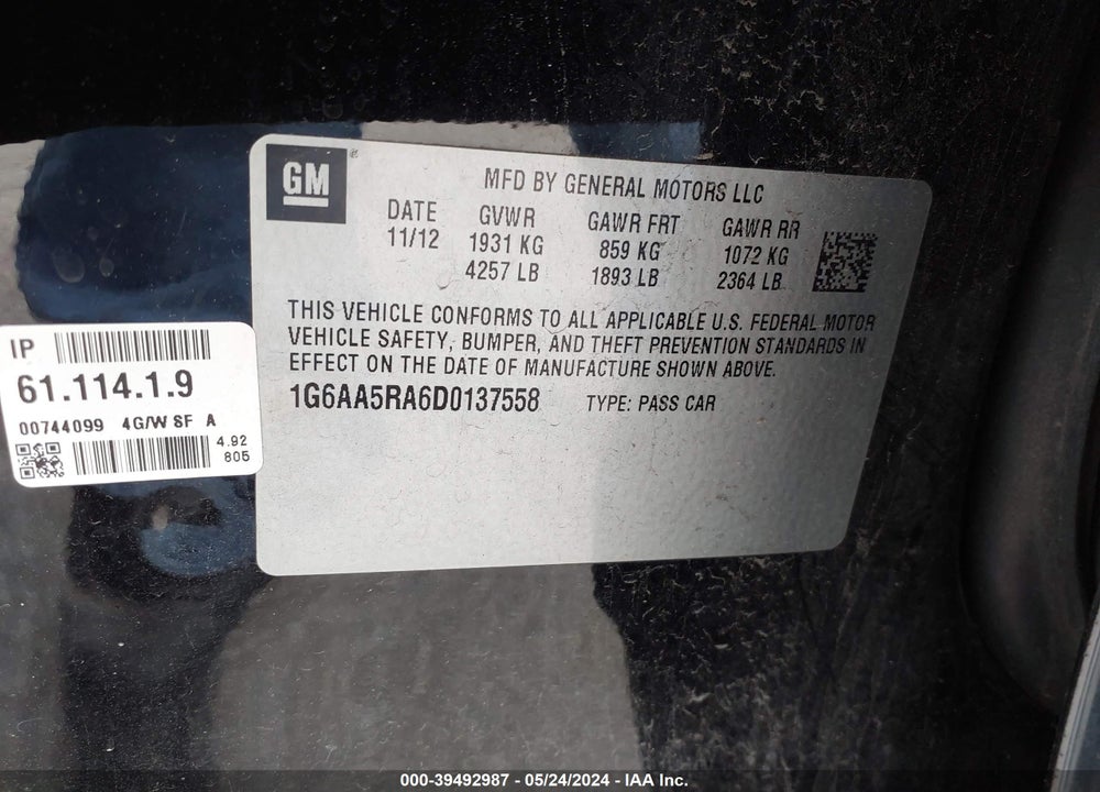 2013 CADILLAC ATS STANDARD VIN: 1G6AA5RA6D0137558