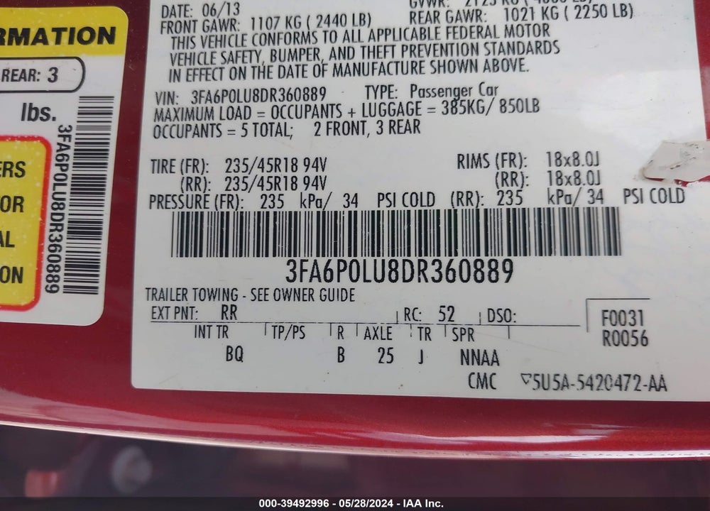 2013 FORD FUSION HYBRID SE VIN: 3FA6P0LU8DR360889