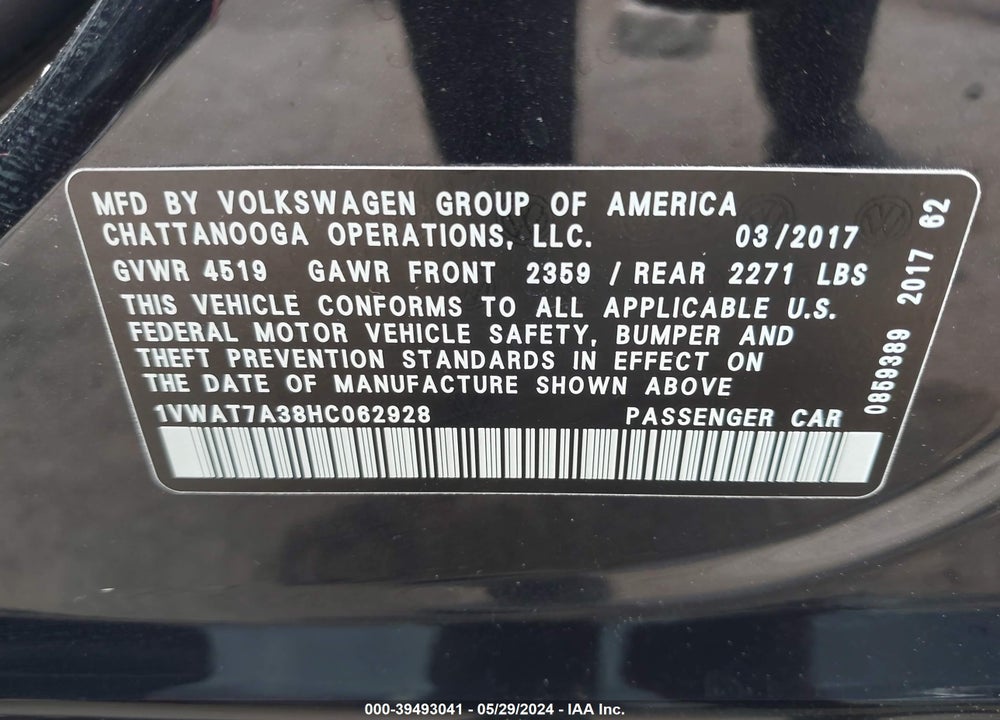 2017 VOLKSWAGEN PASSAT 1.8T S VIN: 1VWAT7A38HC062928