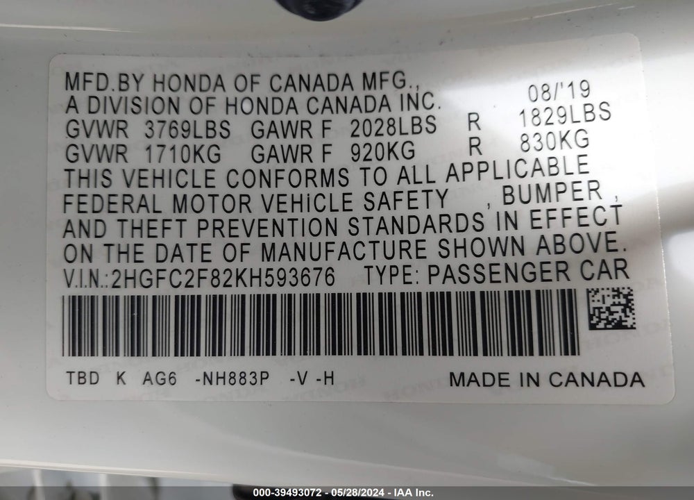 2019 HONDA CIVIC SPORT VIN: 2HGFC2F82KH593676
