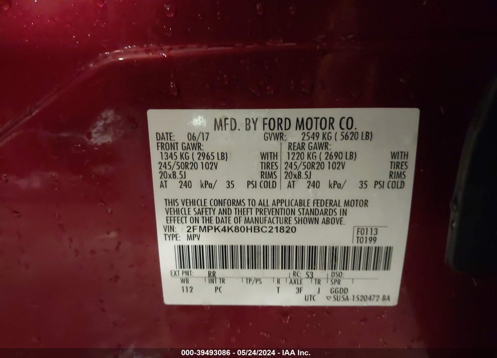 2017 FORD EDGE TITANIUM VIN: 2FMPK4K80HBC21820