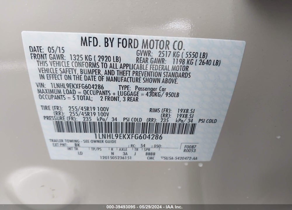 2015 LINCOLN MKS VIN: 1LNHL9EKXFG604286