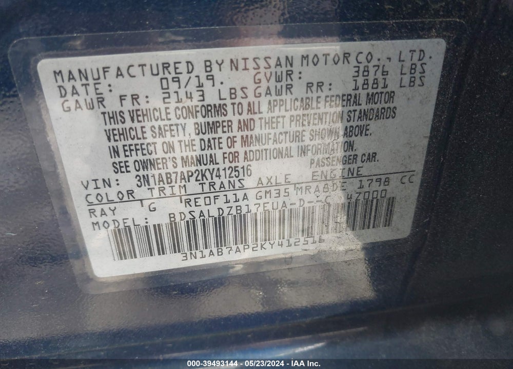 2019 NISSAN SENTRA SV VIN: 3N1AB7AP2KY412516