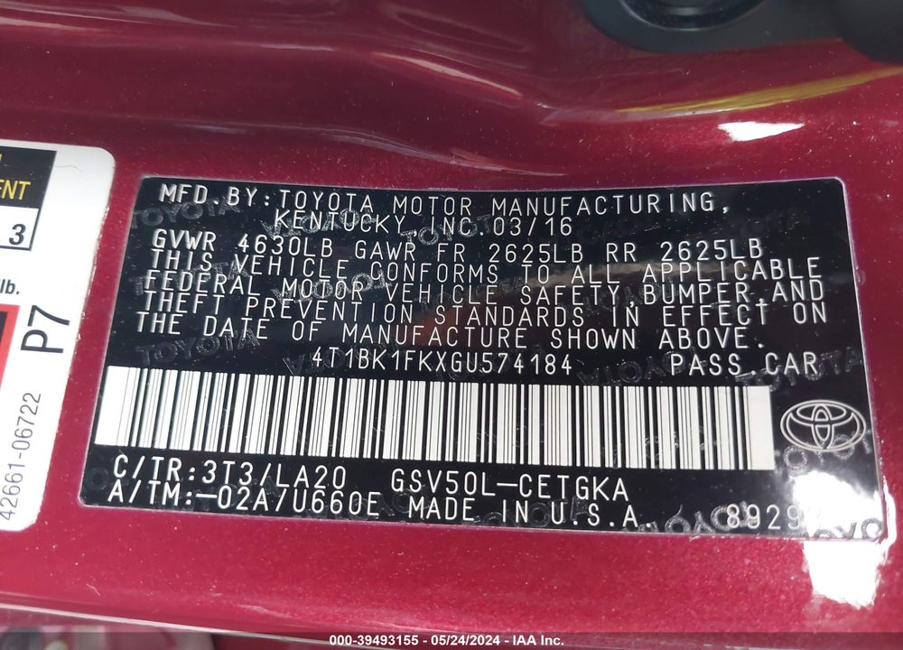 2016 TOYOTA CAMRY XLE V6 VIN: 4T1BK1FKXGU574184