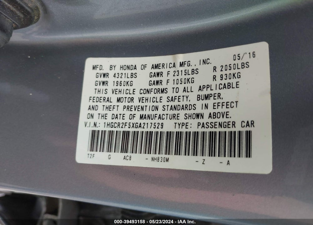 2016 HONDA ACCORD SPORT VIN: 1HGCR2F5XGA217529