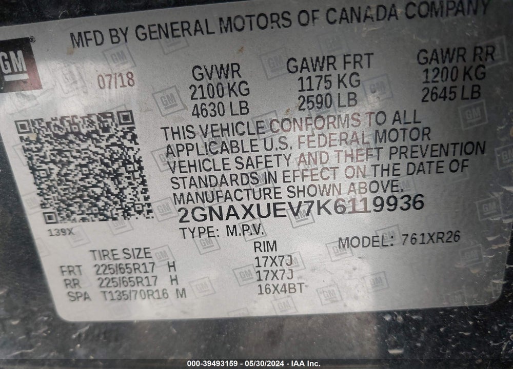 2019 CHEVROLET EQUINOX LT VIN: 2GNAXUEV7K6119936