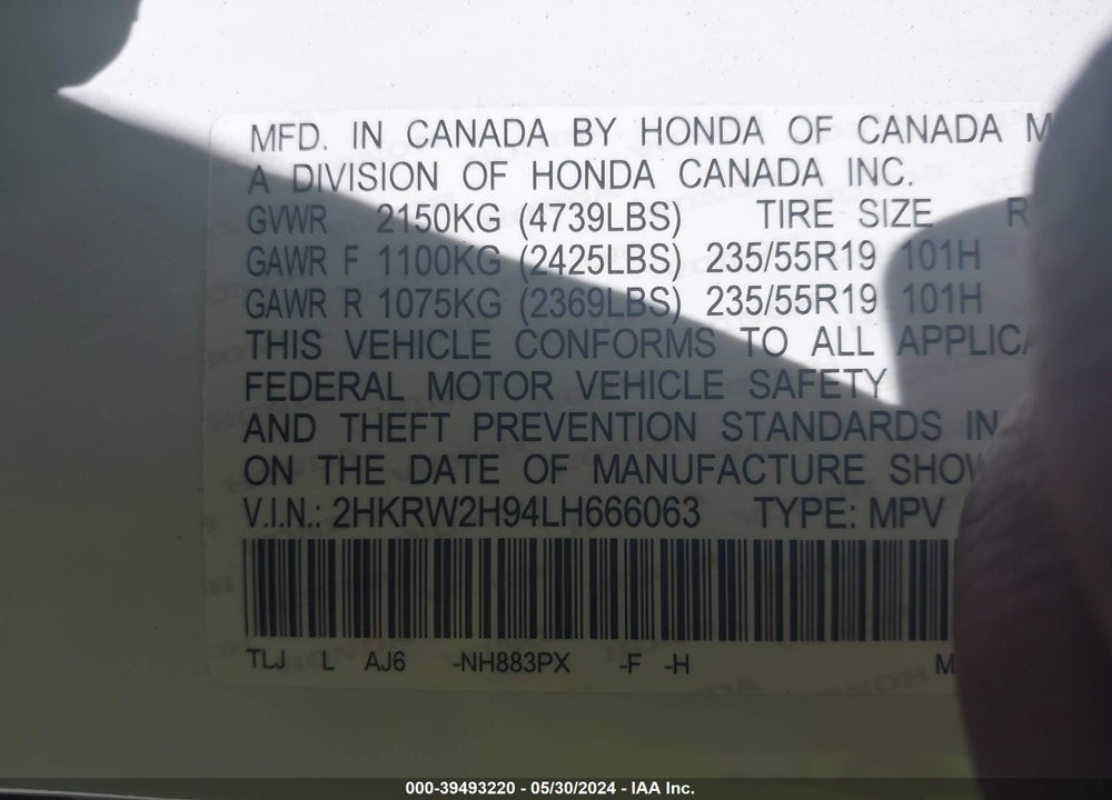 2020 HONDA CR-V AWD TOURING VIN: 2HKRW2H94LH666063