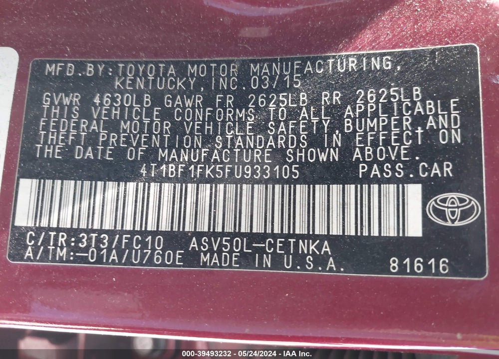 2015 TOYOTA CAMRY LE VIN: 4T1BF1FK5FU933105