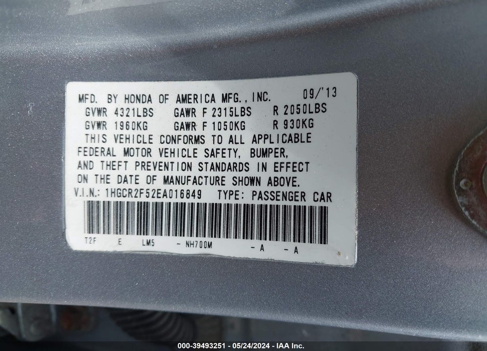 2014 HONDA ACCORD SPORT VIN: 1HGCR2F52EA016849