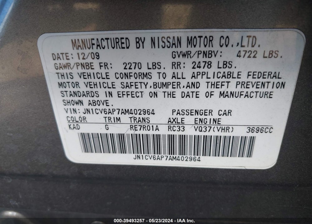 2010 INFINITI G37 ANNIVERSARY EDITION VIN: JN1CV6AP7AM402964