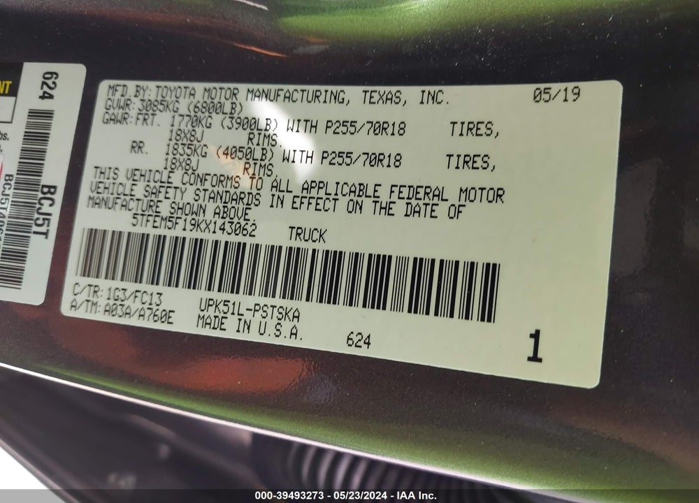 2019 TOYOTA TUNDRA SR5 4.6L V8 VIN: 5TFEM5F19KX143062