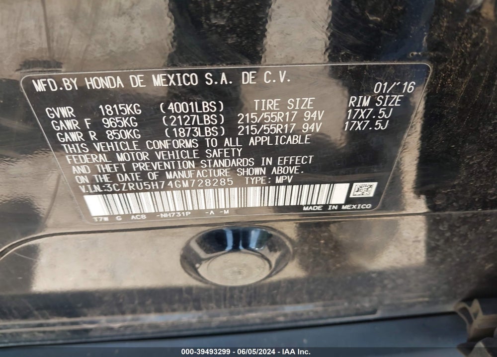 2016 HONDA HR-V EX-L VIN: 3CZRU5H74GM728285