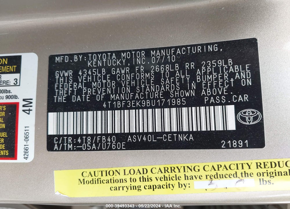 2011 TOYOTA CAMRY LE VIN: 4T1BF3EK9BU171985