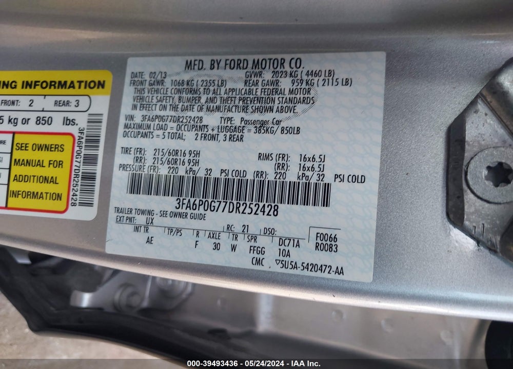 2013 FORD FUSION S VIN: 3FA6P0G77DR252428