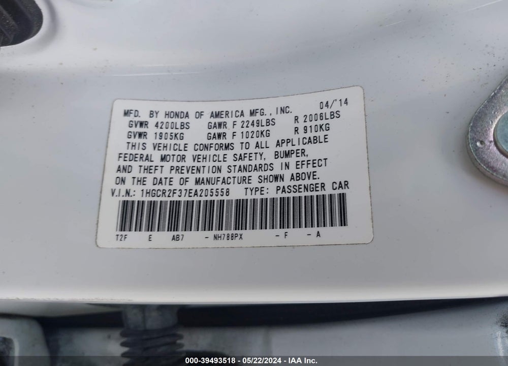 2014 HONDA ACCORD LX VIN: 1HGCR2F37EA205558