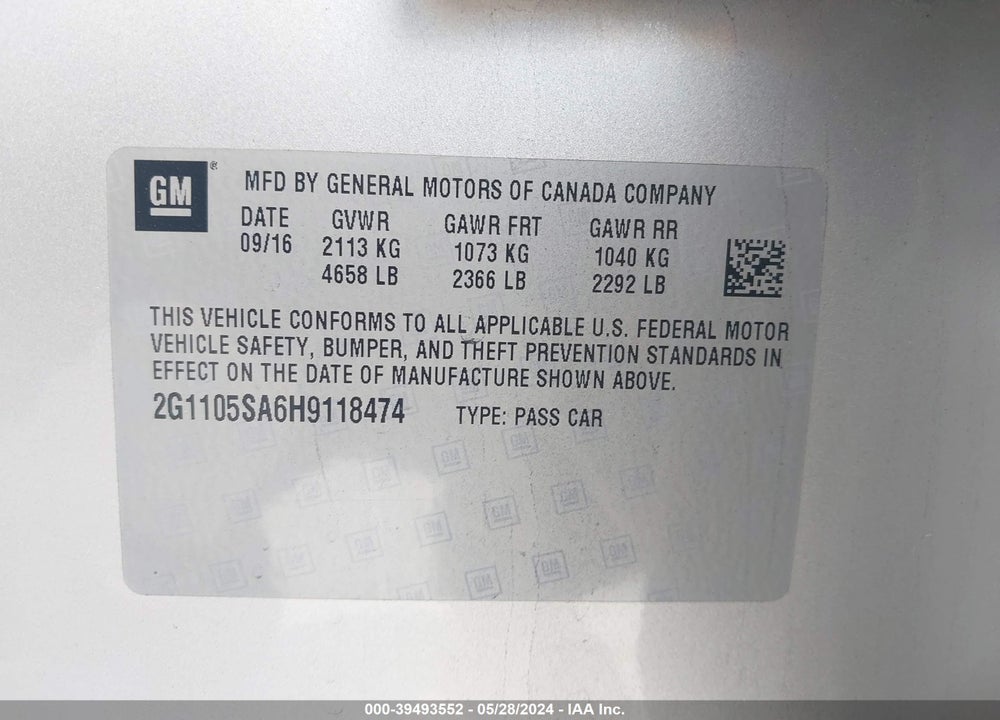 2017 CHEVROLET IMPALA 1LT VIN: 2G1105SA6H9118474