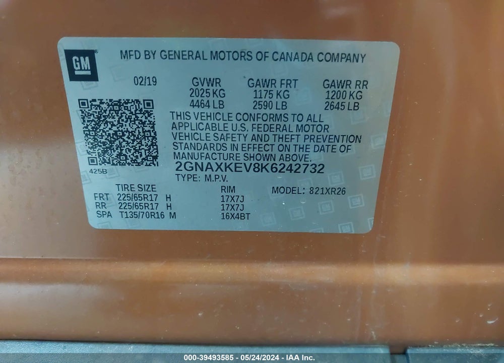 2019 CHEVROLET EQUINOX LT VIN: 2GNAXKEV8K6242732