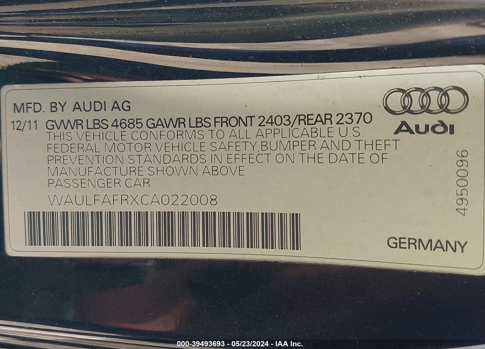 2012 AUDI A5 2.0T PREMIUM VIN: WAULFAFRXCA022008