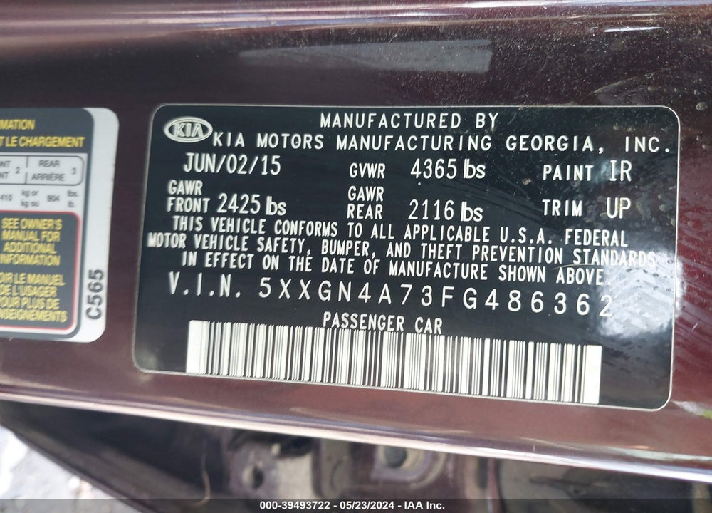 2015 KIA OPTIMA EX VIN: 5XXGN4A73FG486362