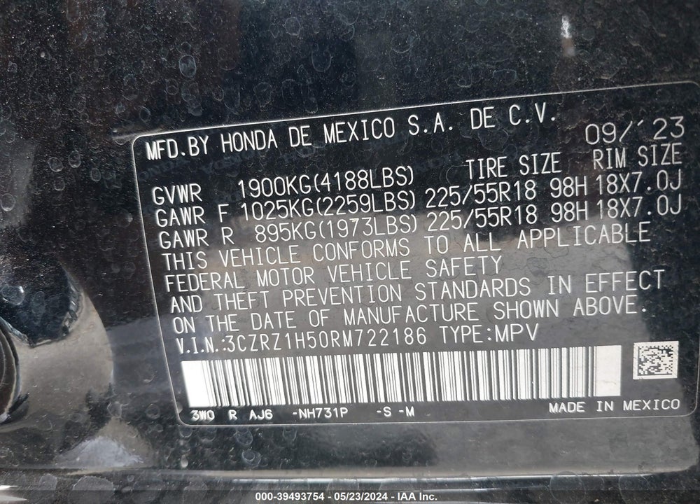 2024 HONDA HR-V 2WD SPORT/2WD SPORT W/O BSI VIN: 3CZRZ1H50RM722186