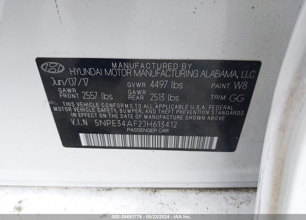2018 HYUNDAI SONATA SEL VIN: 5NPE34AF2JH613412