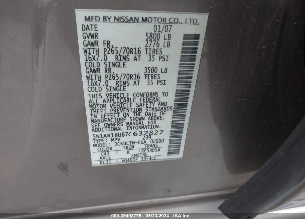 2007 NISSAN PATHFINDER SE VIN: 5N1AR18U67C632822