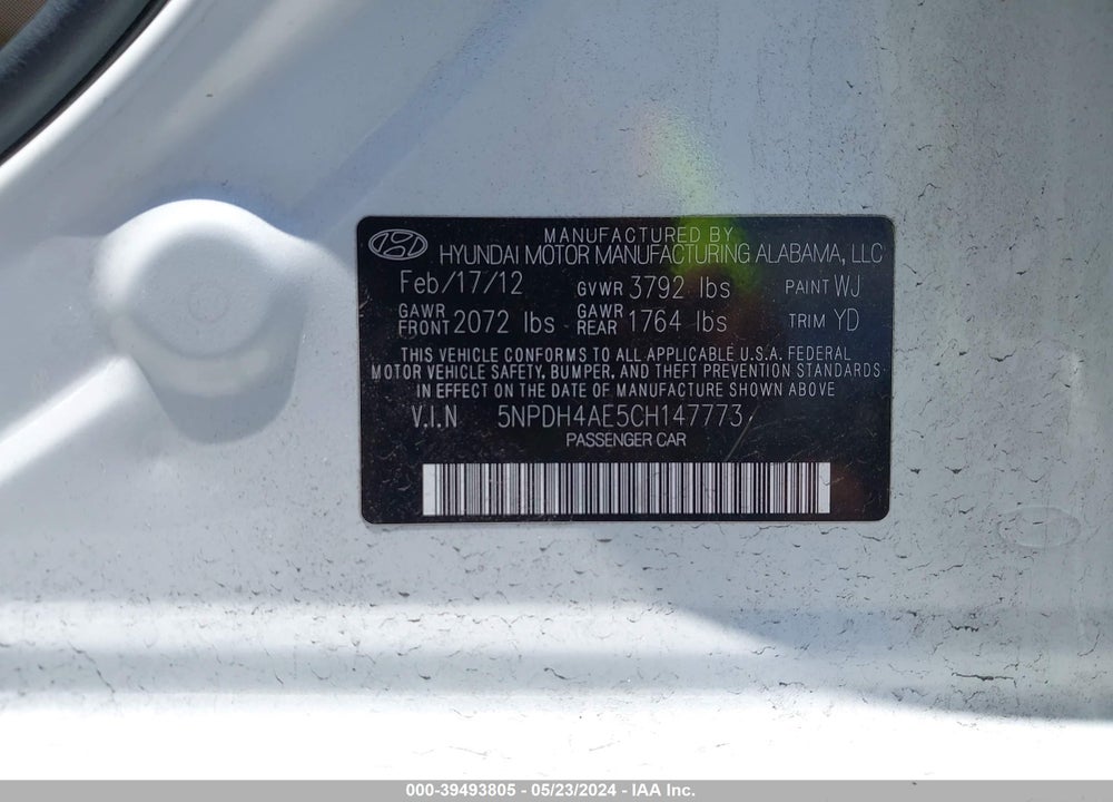 2012 HYUNDAI ELANTRA GLS VIN: 5NPDH4AE5CH147773