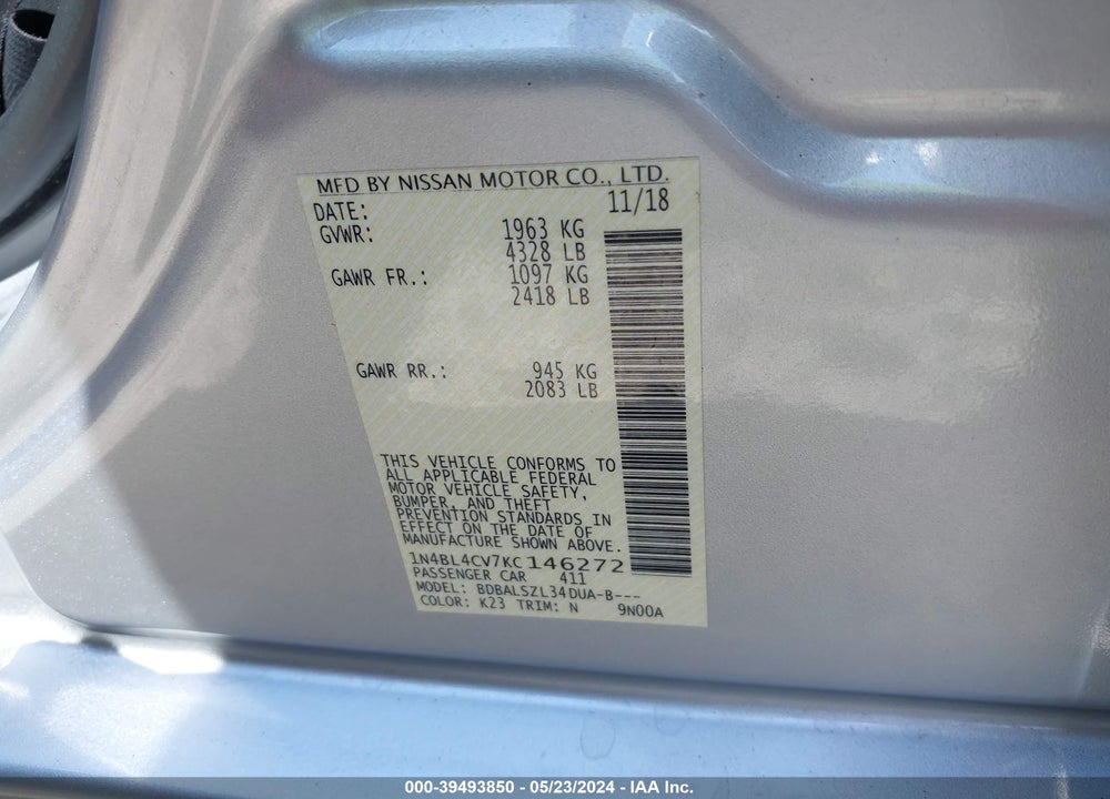 2019 NISSAN ALTIMA 2.5 SR VIN: 1N4BL4CV7KC146272