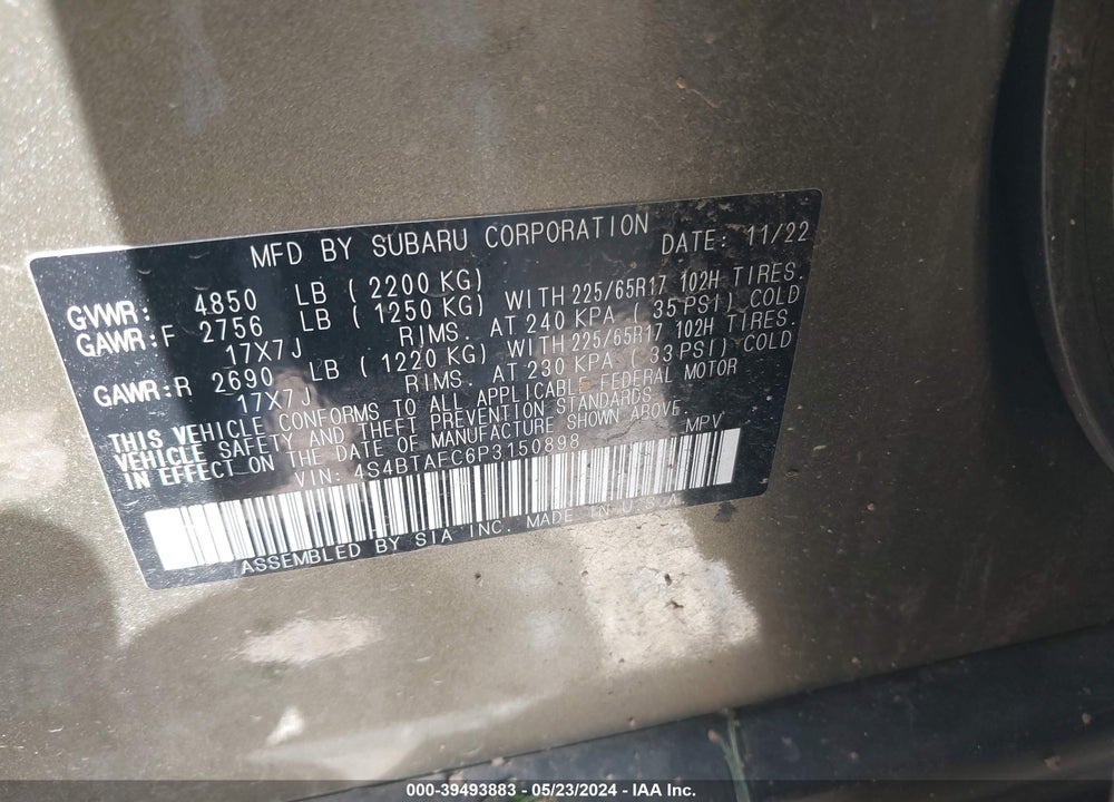 2023 SUBARU OUTBACK PREMIUM VIN: 4S4BTAFC6P3150898