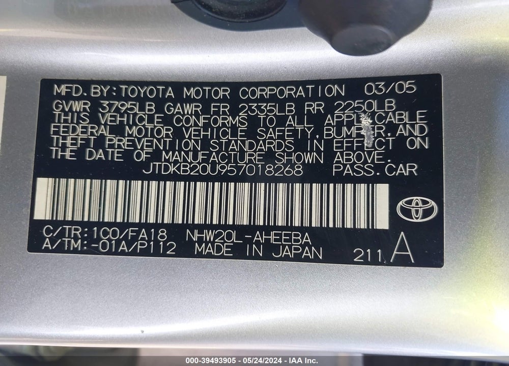 2005 TOYOTA PRIUS VIN: JTDKB20U957018268
