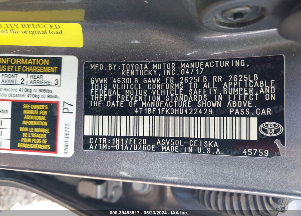 2017 TOYOTA CAMRY VIN: 4T1BF1FK3HU422429