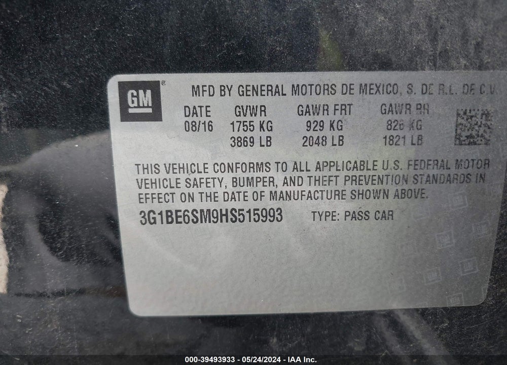 2017 CHEVROLET CRUZE VIN: 3G1BE6SM9HS515993