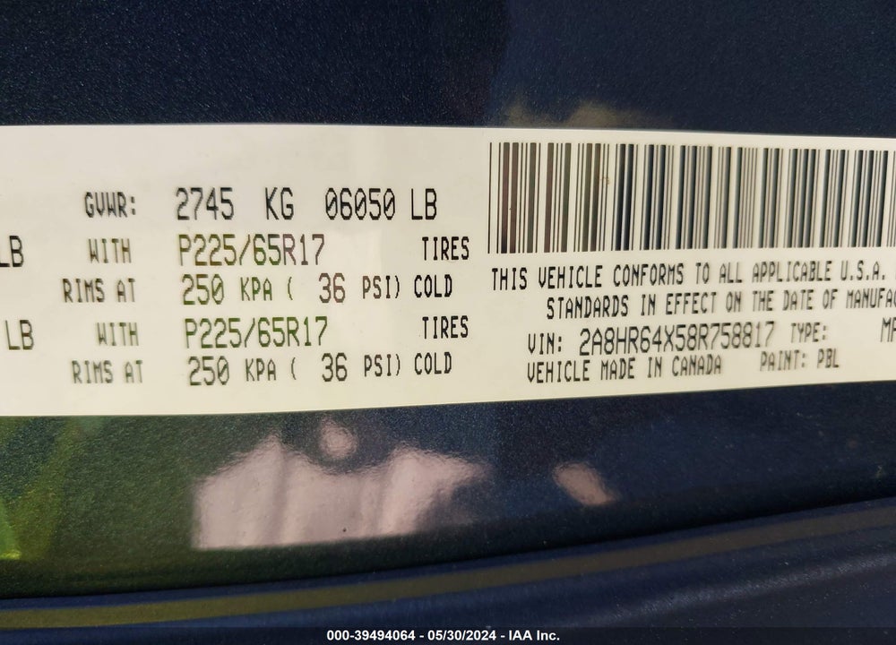 2008 CHRYSLER TOWN & COUNTRY LIMITED VIN: 2A8HR64X58R758817