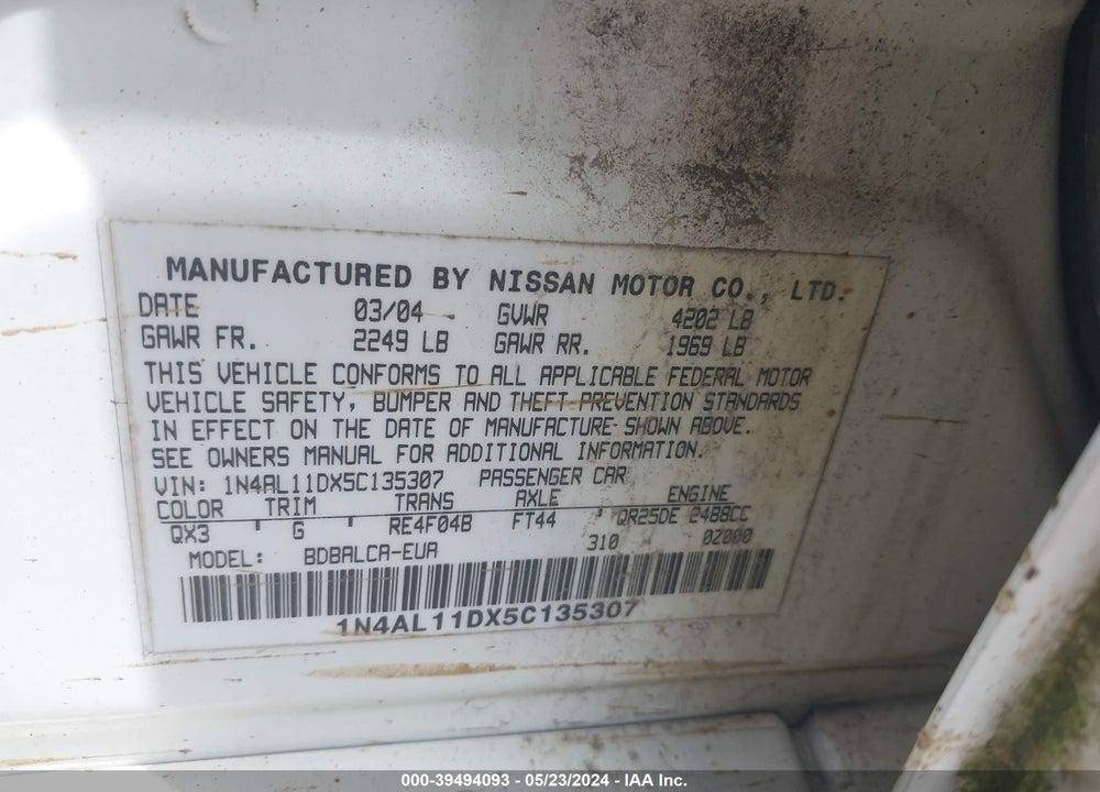 2005 NISSAN ALTIMA 2.5 S VIN: 1N4AL11DX5C135307