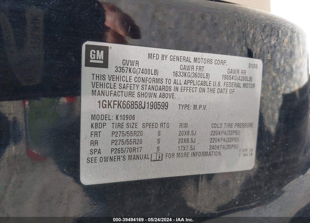 2008 GMC YUKON XL 1500 DENALI VIN: 1GKFK66858J190599