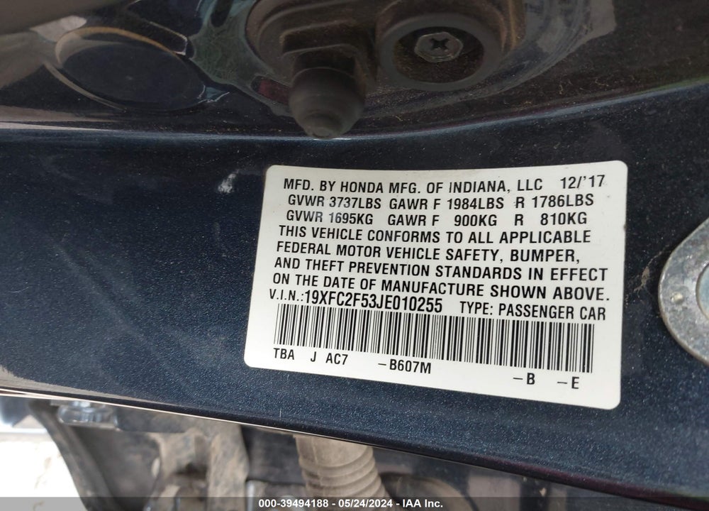 2018 HONDA CIVIC LX VIN: 19XFC2F53JE010255