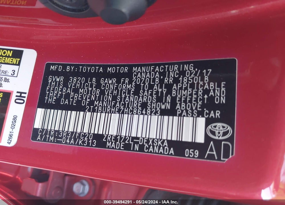 2017 TOYOTA COROLLA SE VIN: 2T1BURHE7HC864823
