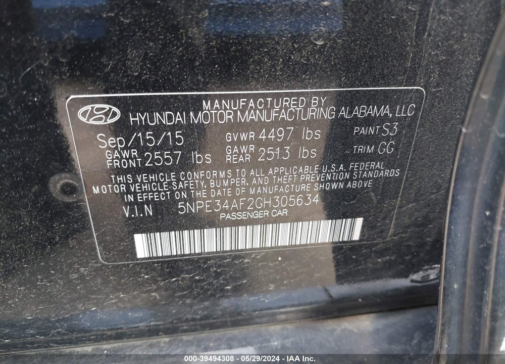 2016 HYUNDAI SONATA LIMITED VIN: 5NPE34AF2GH305634