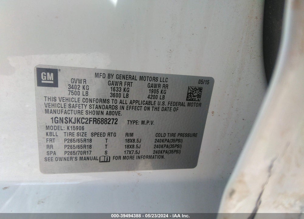 2015 CHEVROLET SUBURBAN 1500 LT VIN: 1GNSKJKC2FR688272